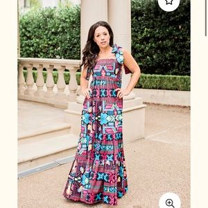 Maxi Dress in Pink & Blue Floral Print - Sleeveless Tie Shoulder